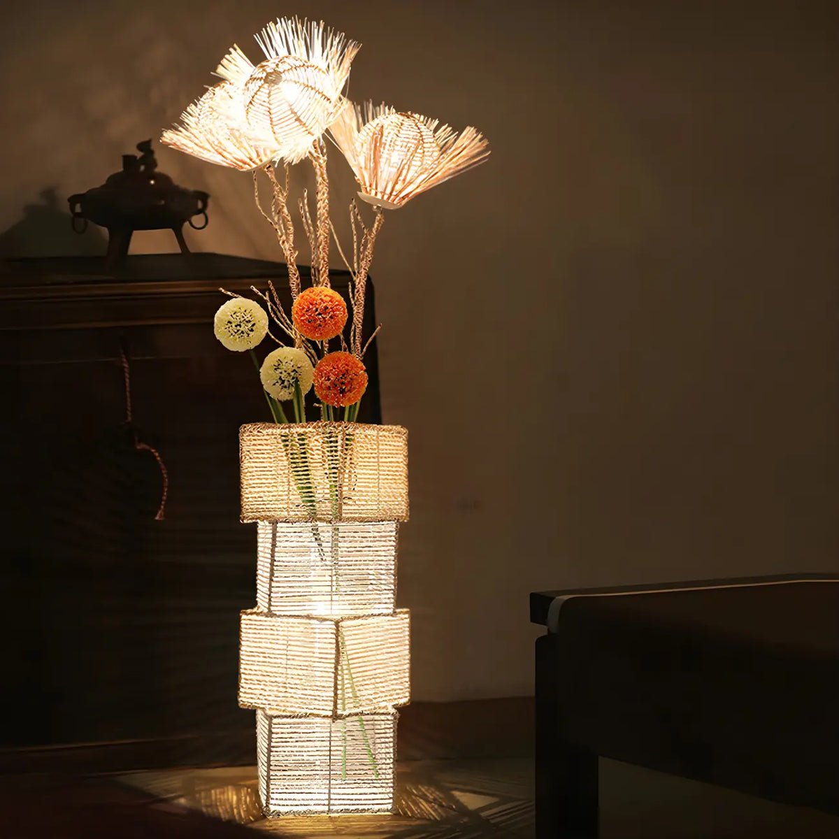 Plug In Column LED Rattan Floor Lamp for Living Room