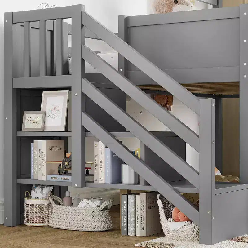 Letto a soppalco singolo con 3 cassetti e scala contenitore, struttura a casetta in legno con scivolo e scrivania rimovibile