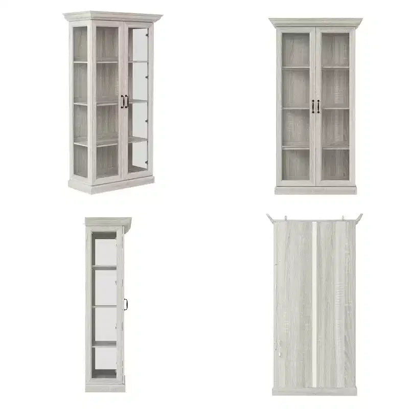 Famapy Bookcase Gray Oak Glass Display Cabinet wLED Light Strip, Tall Bookshelf with Doors Curio Storage Cabinet