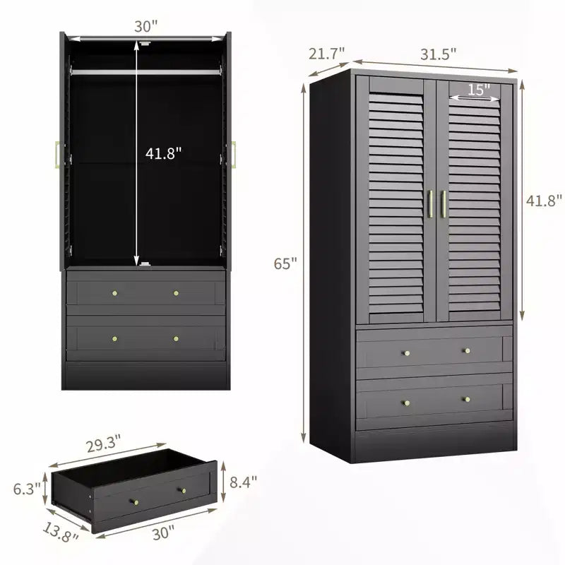 Armoire à persiennes GustoWave 65, Placard en bois avec 2 portes et 2 tiroirs, Rangement avec tringle à suspendre pour chambre à coucher