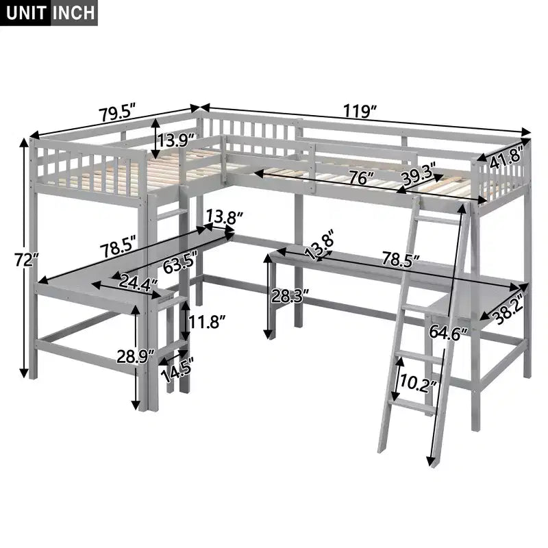 119''L 79.5''W Wood Twin Size L-Shaped Loft Bed with Ladder and 2 Built-in L-Shaped Desks