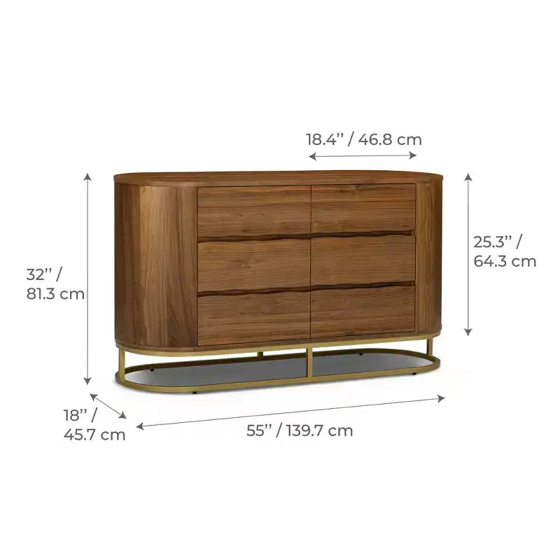 Modern 6-Drawer Dresser with Live Edge Design, Metal Base & Durable Mixed Wood Construction