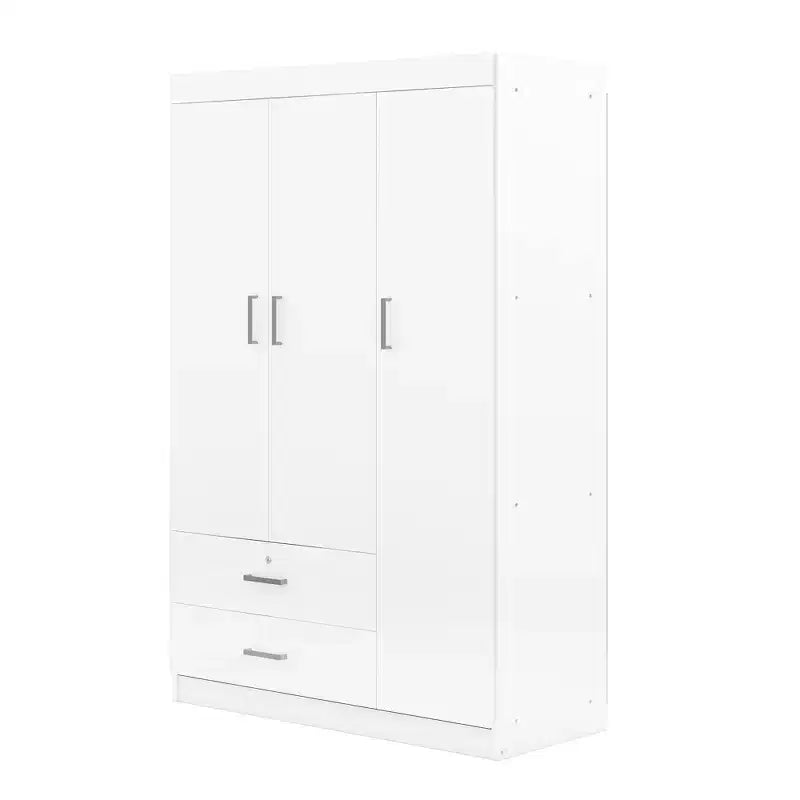 Whisen Wood 3-Door Wardrobe Armoire with Hanging Rod, 2-Drawers, and Storage Shelves