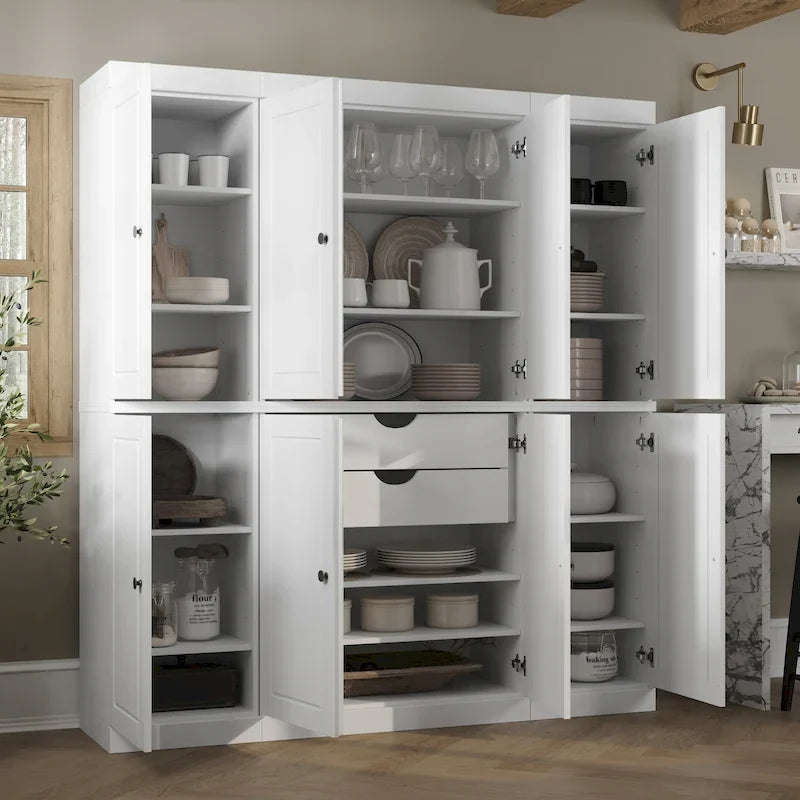 100% Solid Wood Kitchen China Pantry Buffet with Glass or Solid Wood Doors and 2-Drawer Kit 65 x 71.5