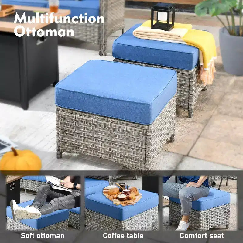 HOMLUX 6 PCS Patio Wicker Conversation Set 3-Seat Sofa with Cushion, Rattan Chairs, Ottomans, Coffee Table