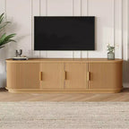 Meuble TV en bois GDFStudio Roy Farmhouse avec porte coulissante à tambour et rangement réglable