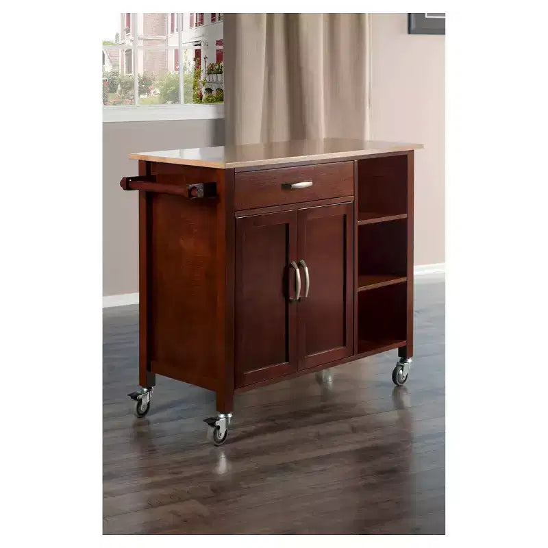 Mabel Kitchen Cart Wood/Walnut/Natural - Winsome: Mobile Storage Unit with Towel Rack, Hardwood Frame