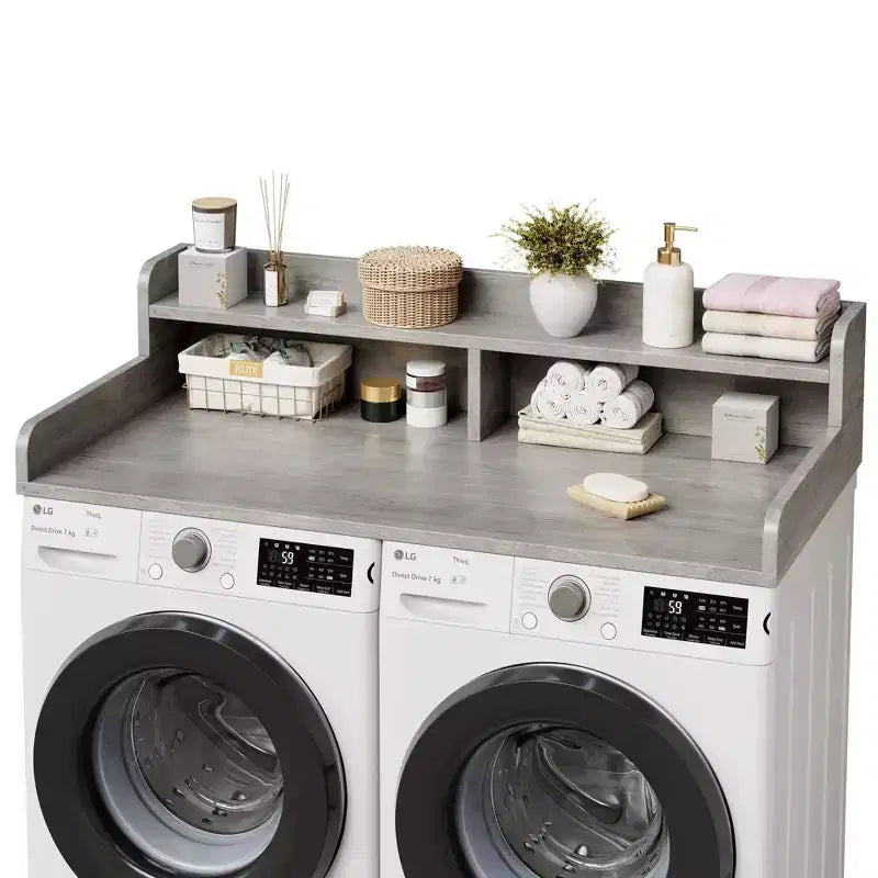 Wood Washer and Dryer Topper, 54 Laundry Countertop with 2-Tier Storage Shelf, Anti-Slip Work Surface with Guardrails for Laundry Organization