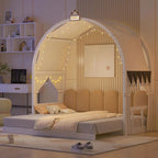 Solid Wood Playhouse Platform Bed Floor Montessori Bed Frame with Arched Roof and Trundle for Girls and Boys