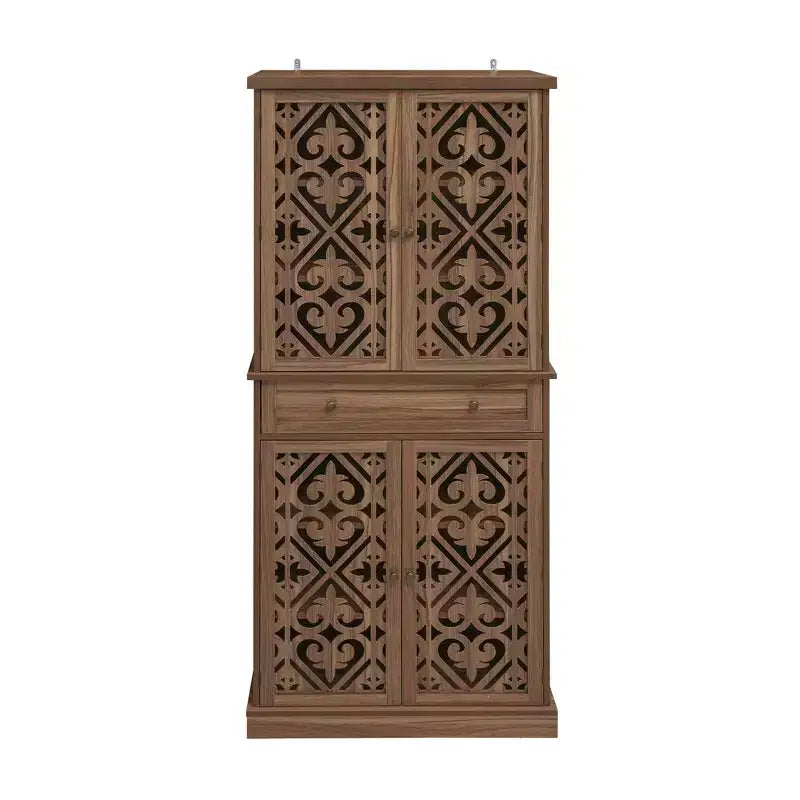 Meuble de rangement haut Okak avec 4 portes en rotin/sculptées, meuble de rangement avec 1 tiroir et 4 étagères intérieures réglables, meuble d'appoint pour salon, chambre à coucher