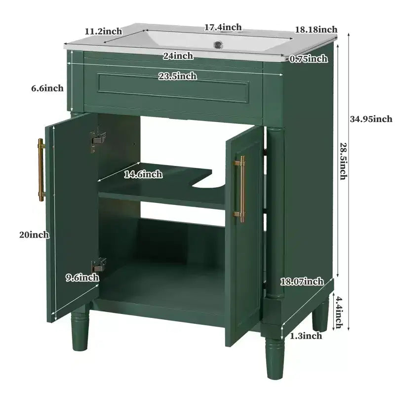 24 Bathroom Vanity with Ceramic Sink, Shaker Cabinet, 2 Soft-Close Doors, Solid Wood Frame for Small Bathroom or Powder Room