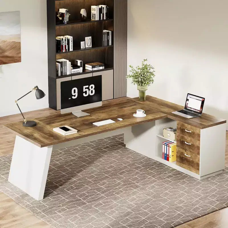Bureau de direction en L Lantine Modern 78 avec tiroirs et classeur latéral