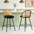 Bekrvio 26 Mid-Century Modern Swivel Bar Stools Set of 2/3/4, Boucle Upholstered Bar Chairs with Rattan Back & Metal Legs for Kitchen Counter