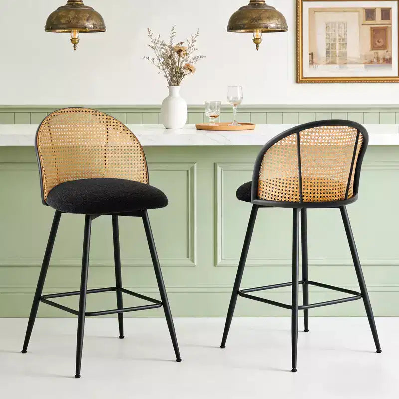 Bekrvio 26 Tabourets de Bar Pivotants Mid-Century Modern Lot de 2/3/4, Chaises de Bar Rembourrées Bouclées avec Dossier en Rotin et Pieds en Métal pour Comptoir de Cuisine