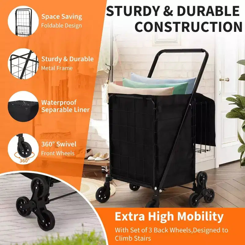 Heavy Duty Stair Climbing Shopping Cart - 360 Swivel Tri-Wheels, Waterproof Liner,135LBS,Folding Carbon Steel Trolley for Laundry, Groceries