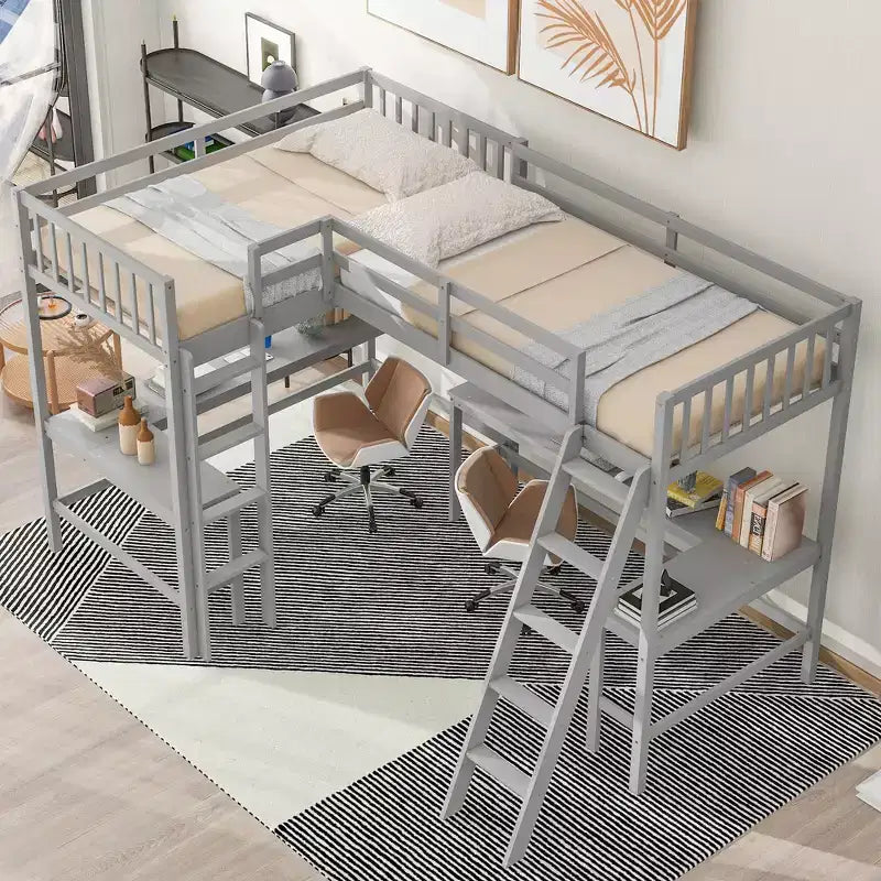 119''L 79.5''W Wood Twin Size L-Shaped Loft Bed with Ladder and 2 Built-in L-Shaped Desks
