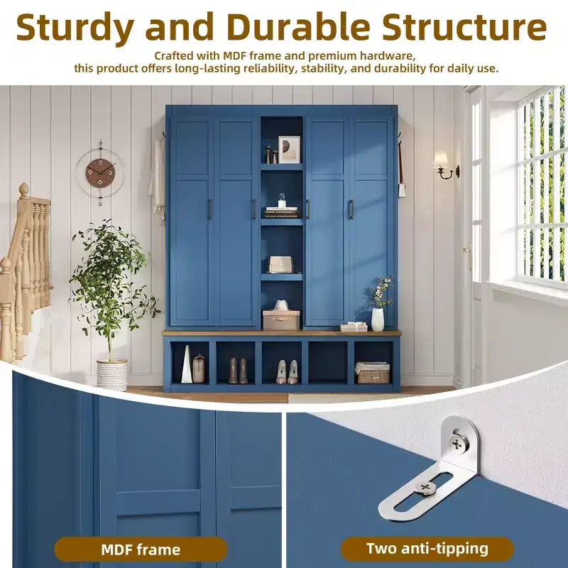 Blue Farmhouse 4-in-1 Hall Tree with 6 Hanging Hooks Mudroom Wood Grain Bench with Open Compartments