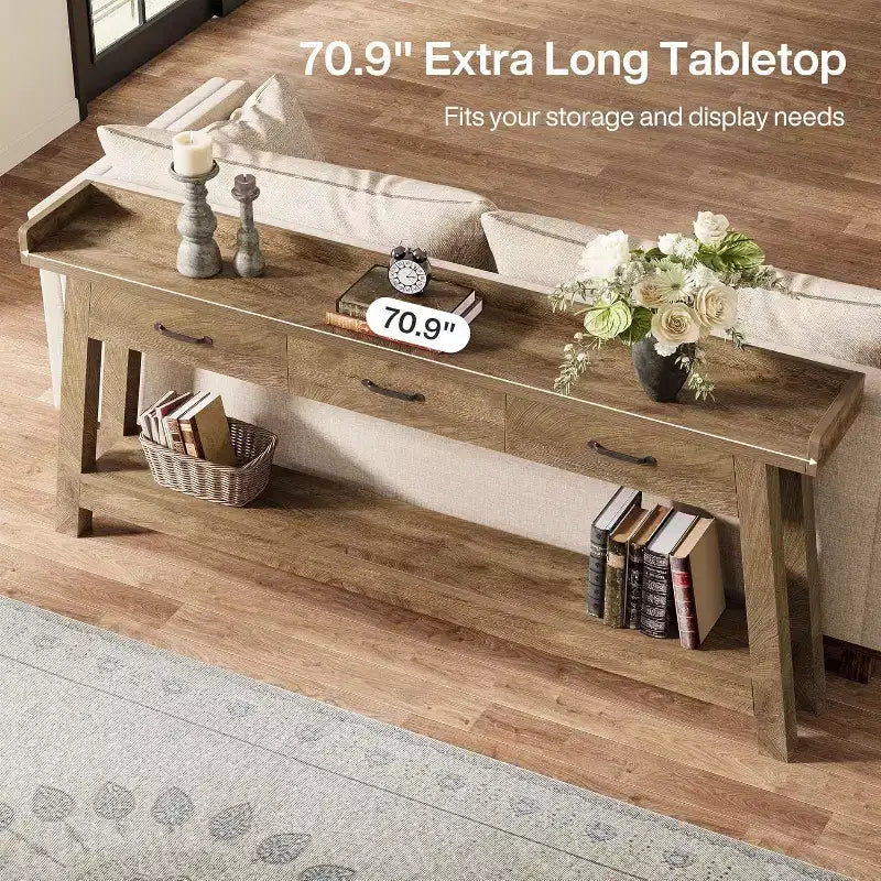 Lantine 2-Tier Sofa Table with 3 Drawers, 70.9 Console Table with Raised Baffle and Storage Shelves for Living Room, Hallway, Entryway