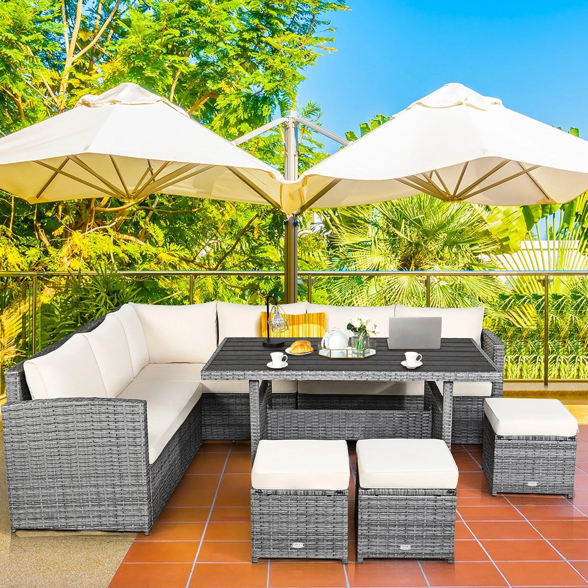 Costway 7 PCS Patio Rattan Dining Set Sectional Sofa Couch Ottoman - See Details