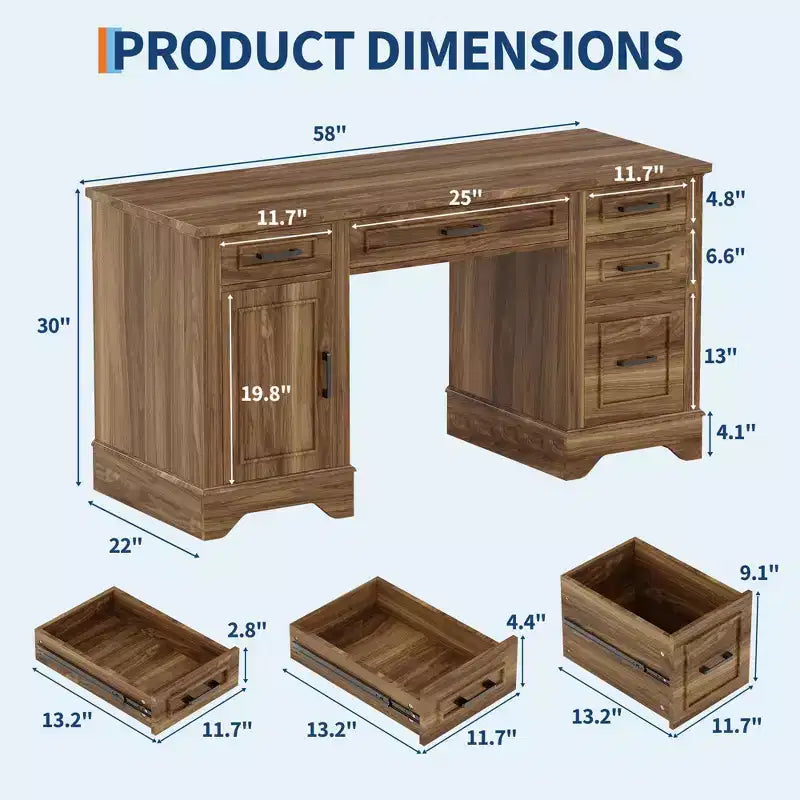 58 Wide Wooden Desk with File Cabinet & Storage Drawers - Multi-Functional Computer Table for Bedroom, Game Room & Office