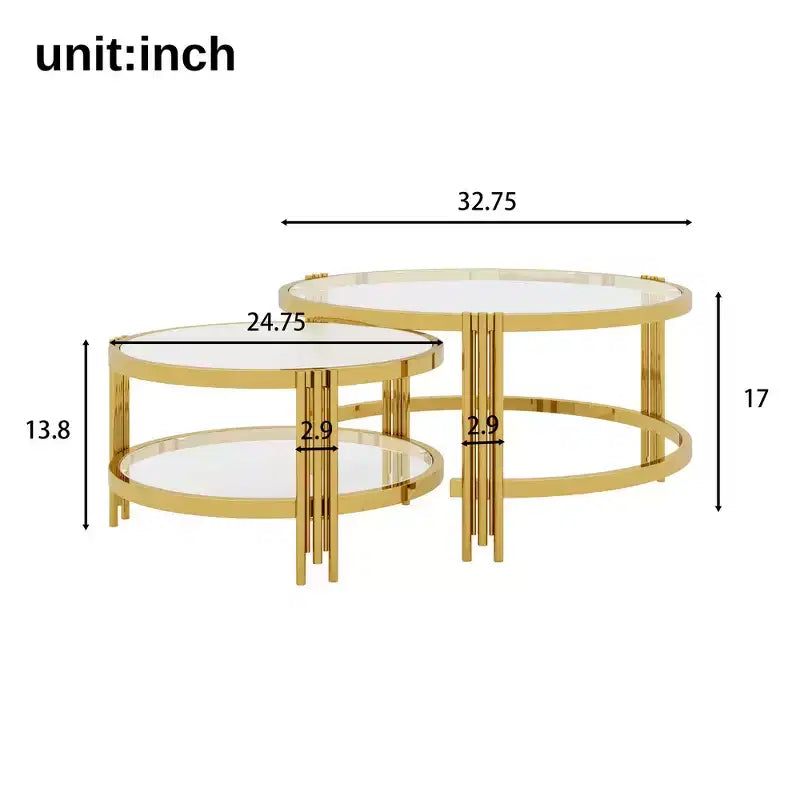 Whisen Modern 2 - Pièces Finition Or avec Verre Texturé Table Basse, Tables Basses Gigognes en Verre Trempé - Transparent & Doré