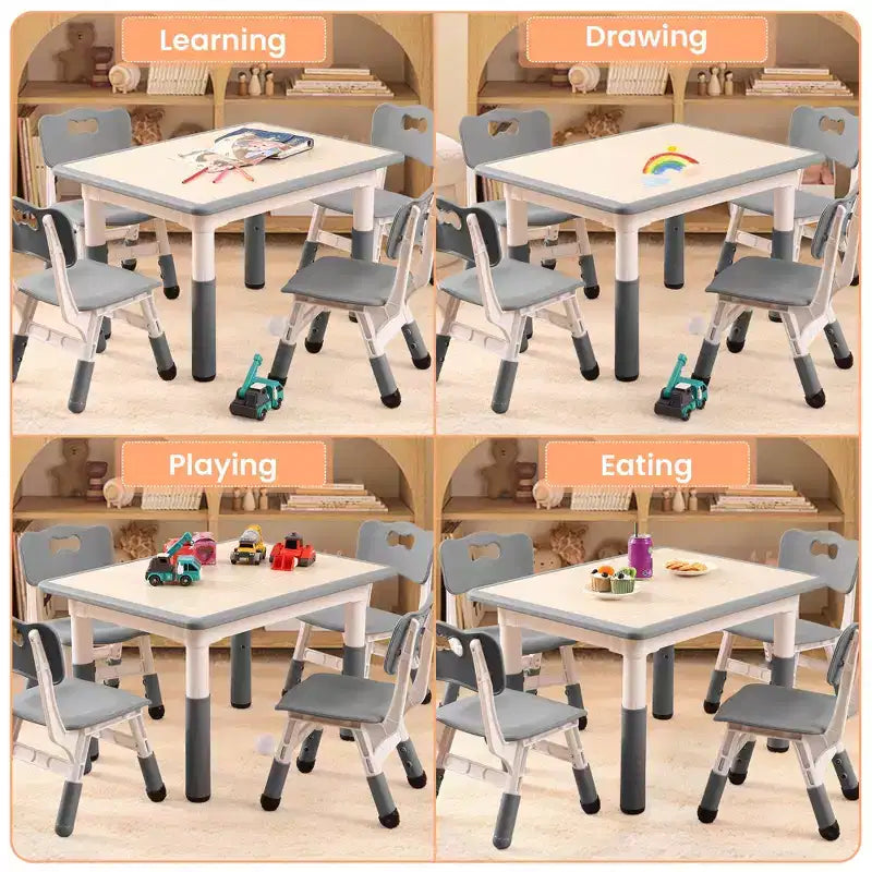 Children's table and 4 chairs, height-adjustable, doodle tabletop, multifunctional children's table and chair set for reading, drawing, dining