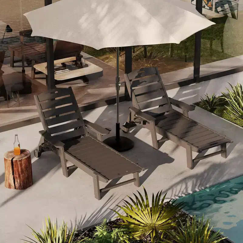 Lot de 2 chaises longues pliantes réglables 5 positions en PEHD, transats d'extérieur avec porte-gobelet, roulettes, accoudoirs, résine durable