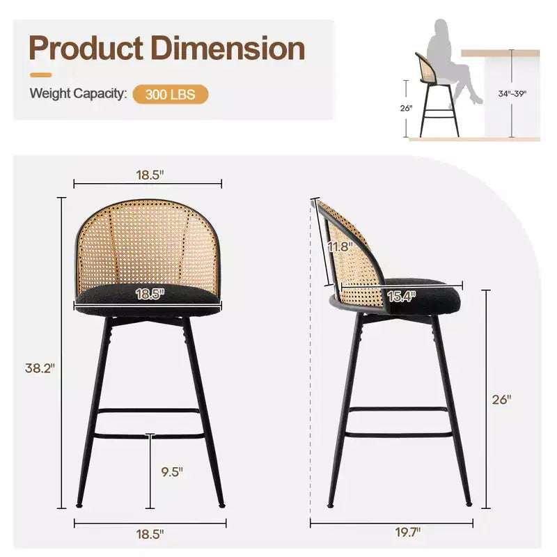 Bekrvio 26 Mid-Century Modern Swivel Bar Stools Set of 2/3/4, Boucle Upholstered Bar Chairs with Rattan Back & Metal Legs for Kitchen Counter