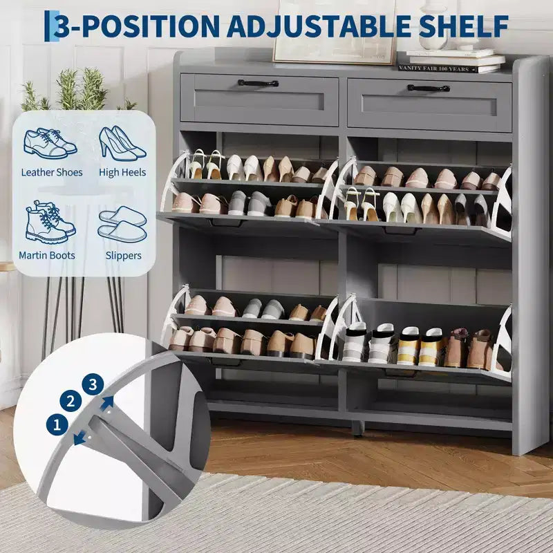 Shoe Cabinet with 4 Flip Drawers & 2 Top Drawers, Wooden Shoe Organizer Cabinet with Adjustable Shelf, Freestanding Shoe Storage Cabinets