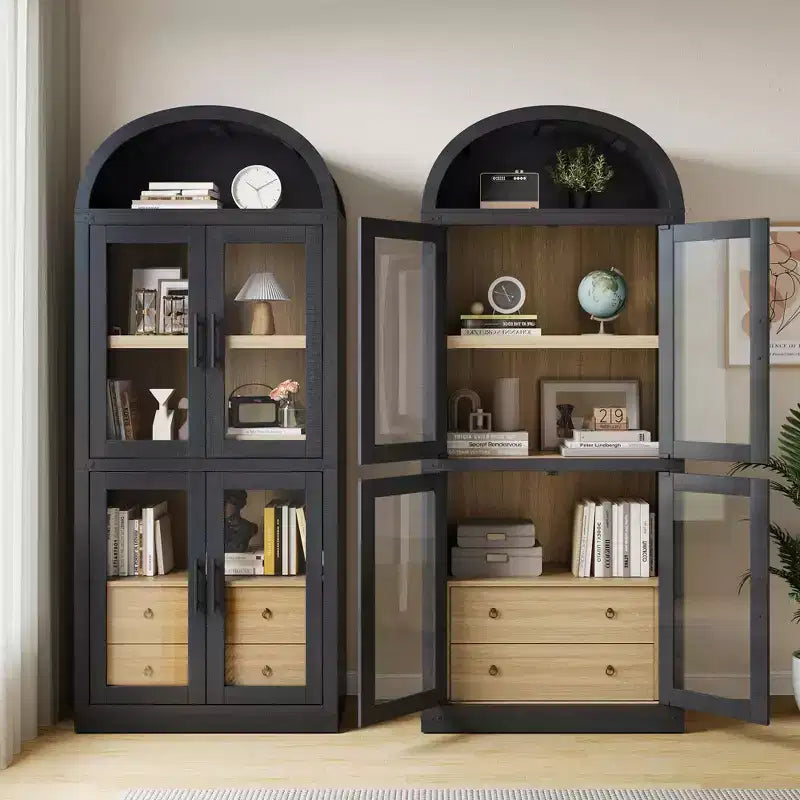 GustoWave 71.4 Tall Arched Bookcase with 4 Doors and 2 Drawers, 15.8 Depth Display Cabinet Storage Shelves ,Wooden Bookshelf