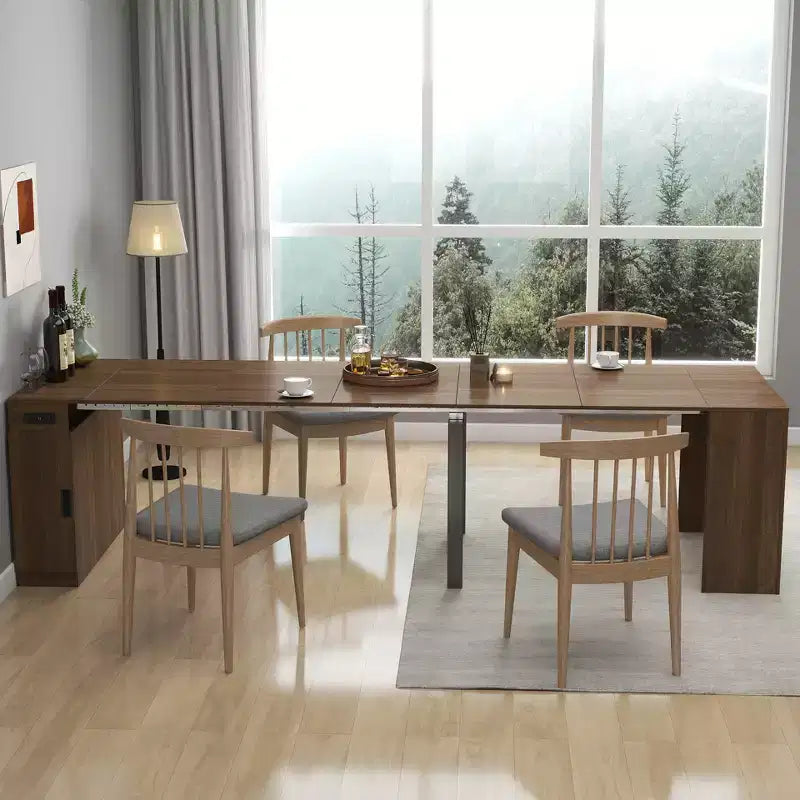 CLIHOME Modern Multifunctional Extendable Dining Table with Outlet, Space Saving Expanding Table with Storage