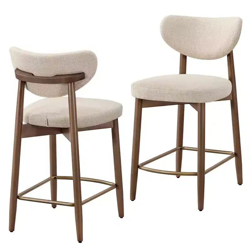 VASAGLE Wooden Bar Stools Set of 2, Upholstered Counter Height Barstools with Solid Wood Legs, Ergonomic Backrest, Linen-Look Fabric, Cappuccino