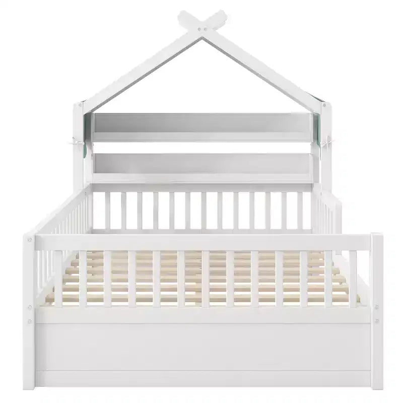 ModernLuxe Twin/Full Size Wooden House Bed with Storage Headboard, Solid Pine Kids Bed Frame with Guardrails