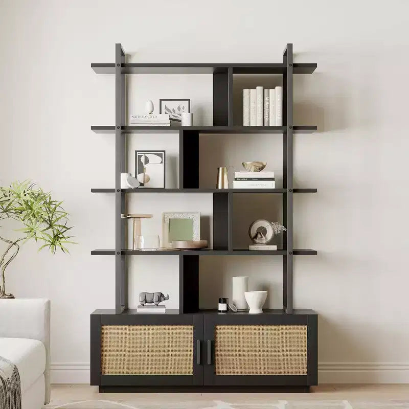 Bibliothèque en rotin GustoWave, étagère industrielle de 180,6 cm de haut avec porte de rangement, étagère à 5 niveaux avec cadre métallique pour salon