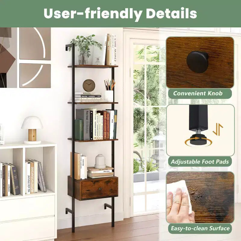 Costway 2 PCS 5-Tier Bookshelf w/ Drawer 70 Wall Mount Ladder Bookcase w/ Metal Frame