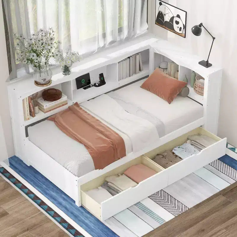 White / Wood Twin Size Daybed with Storage Drawers, Cabinets & USB Ports 窶・1 Person