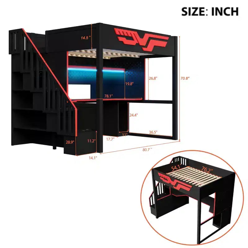 Full Gaming Loft Bed with Desk and LED Light, Wood Full Size Stairway High Loft Bed and Storage Staircase and USB, Red+Black