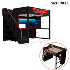 Full Gaming Loft Bed with Desk and LED Light, Wood Full Size Stairway High Loft Bed and Storage Staircase and USB, Red+Black