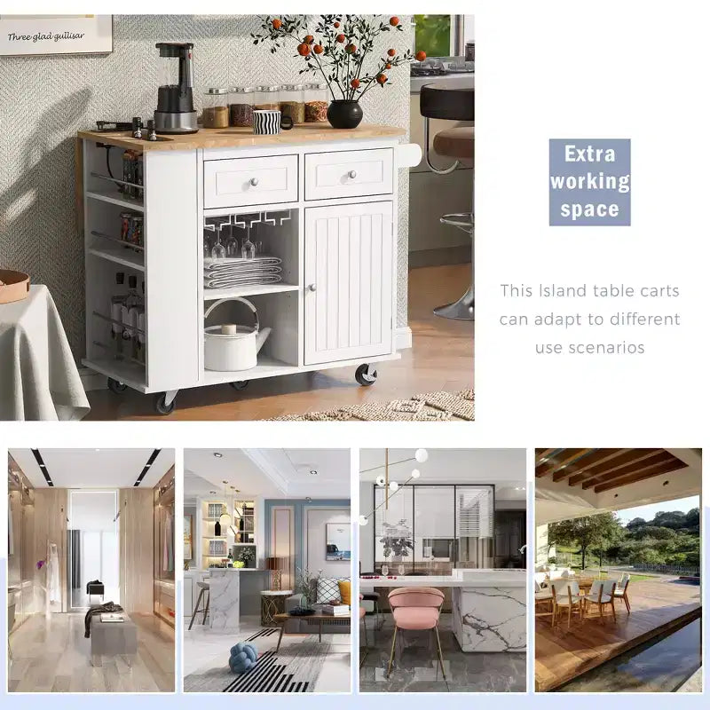 Movable Kitchen Island with Power Outlet, Drop Leaf and Rubber Wood Top