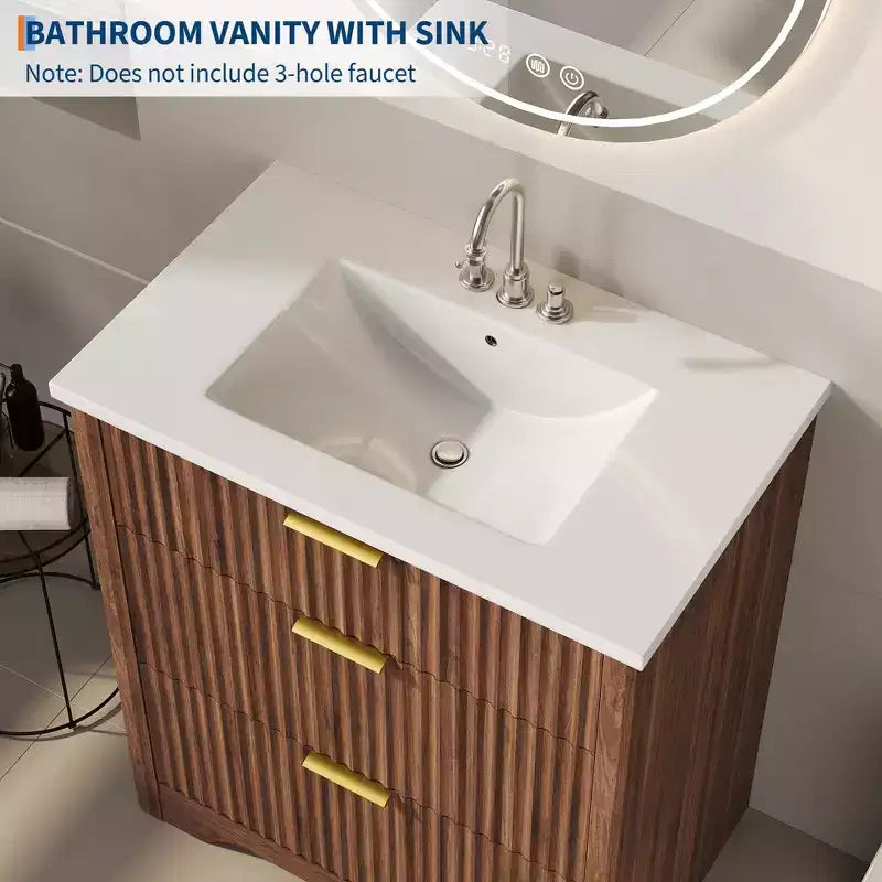 Modern Fluted Bathroom Vanity Set with Integrated Ceramic Basin Freestanding Bathroom Storage Vanity Cabinet with 3 Drawers for Contemporary Bathroom