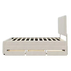 Full Size Upholstered Platform Bed with Twin Size Trundle and 3 Drawers, Linen Fabric, Beige