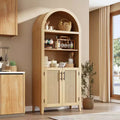 5-Tier Open Display Shelf with Rattan Decor, Farmhouse Storage Cabinet, Arched Kitchen Pantry Storage Cabinet, for Home, Office, Living Room