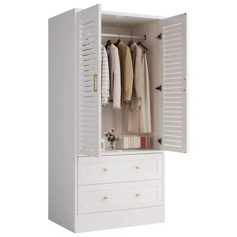 Armoire à persiennes GustoWave 65, Placard en bois avec 2 portes et 2 tiroirs, Rangement avec tringle à suspendre pour chambre à coucher