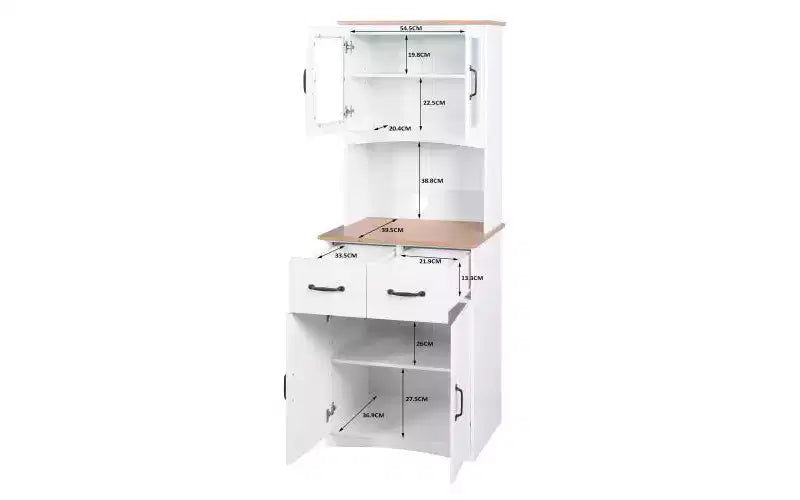 23 Wooden Kitchen Cabinet, Pantry Microwave Cabinet with Glass Doors and Drawers, Adjustable Shelves, White