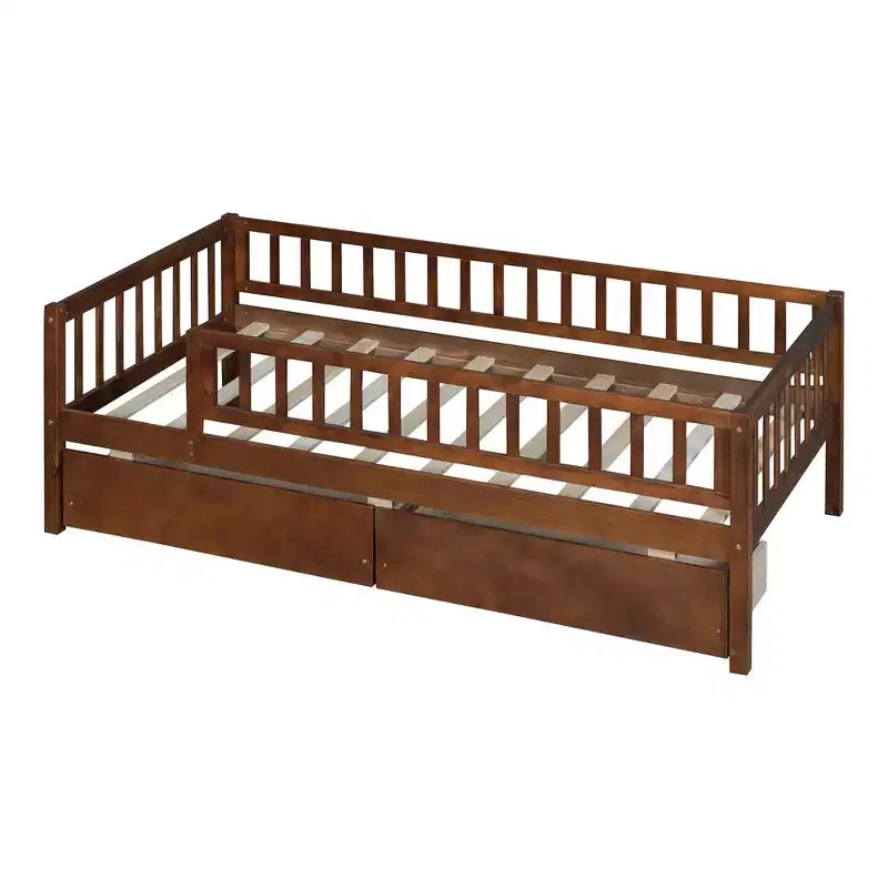 Twin Size Low Daybed with Storage Drawers, Wood Twin Platform Bed Frame with Rails for Boys and Girls Bedroom