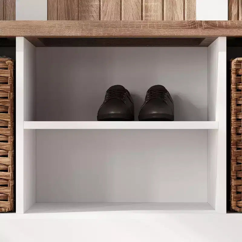 White and Oak Entryway Storage Bench with Hooks, Shelves, and 2 Woven Baskets Hall Tree