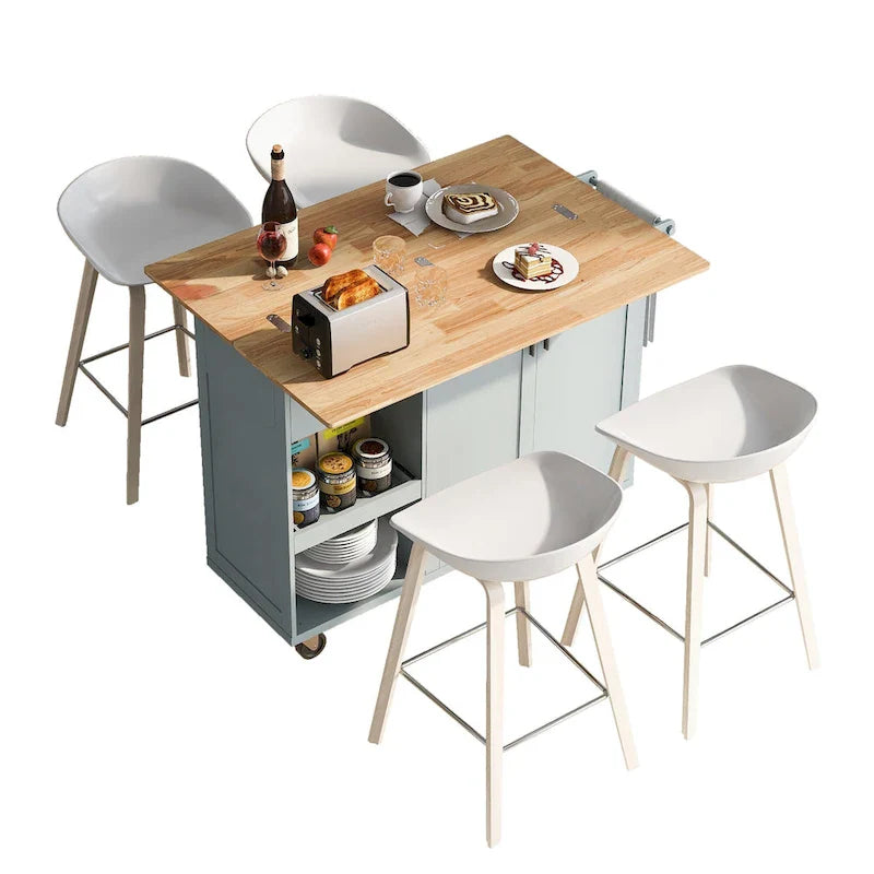 Kitchen Island with Foldable Counter Top, Kitchen Storage Cart with Slide-Out Shelf, Towel Rack and Drawer, Rolling Wheels