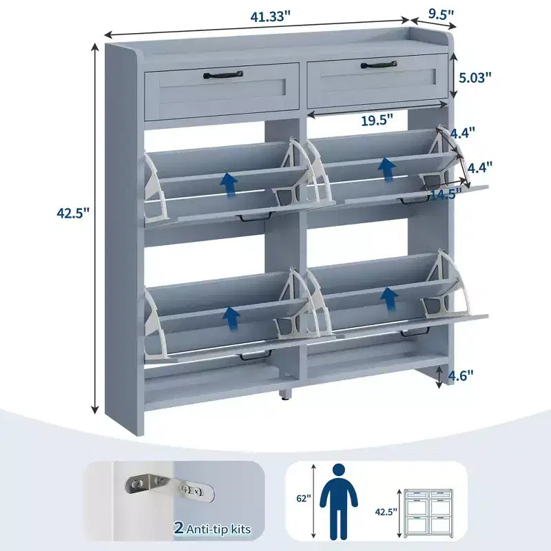 Shoe Cabinet with 4 Flip Drawers & 2 Top Drawers, Wooden Shoe Organizer Cabinet with Adjustable Shelf, Freestanding Shoe Storage Cabinets