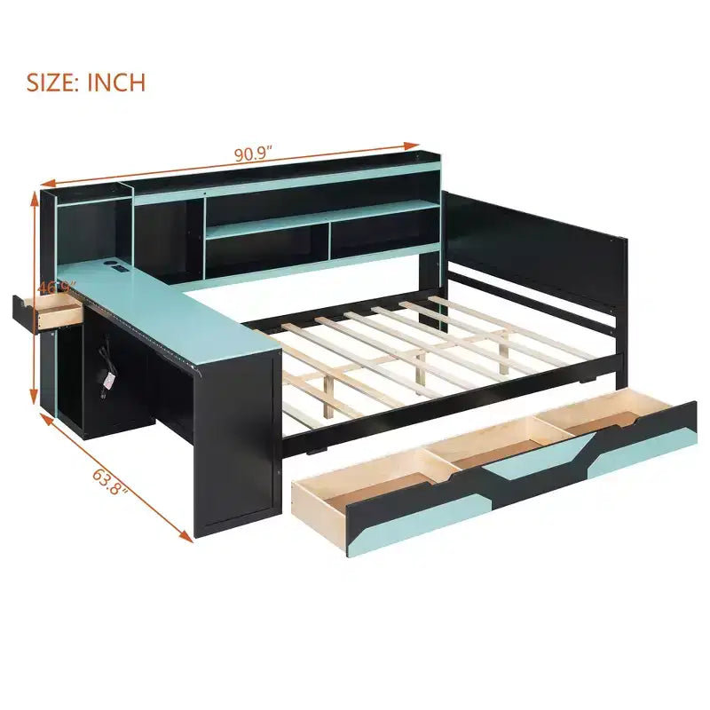 Full/Queen Gaming Daybed with Bookcase Headboard, LED Lights, Integrated Desk, Drawers and Charging Station