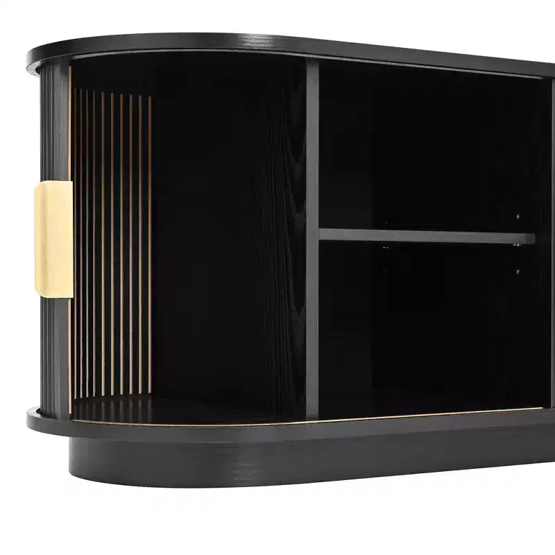 Meuble TV en bois GDFStudio Roy Farmhouse avec porte coulissante à tambour et rangement réglable